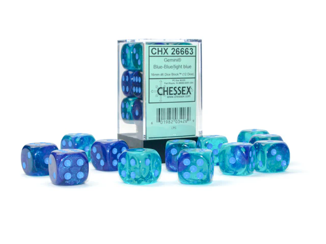 Chessex: Gemini 12D6 Blue/Light Blue Luminary Dice Block